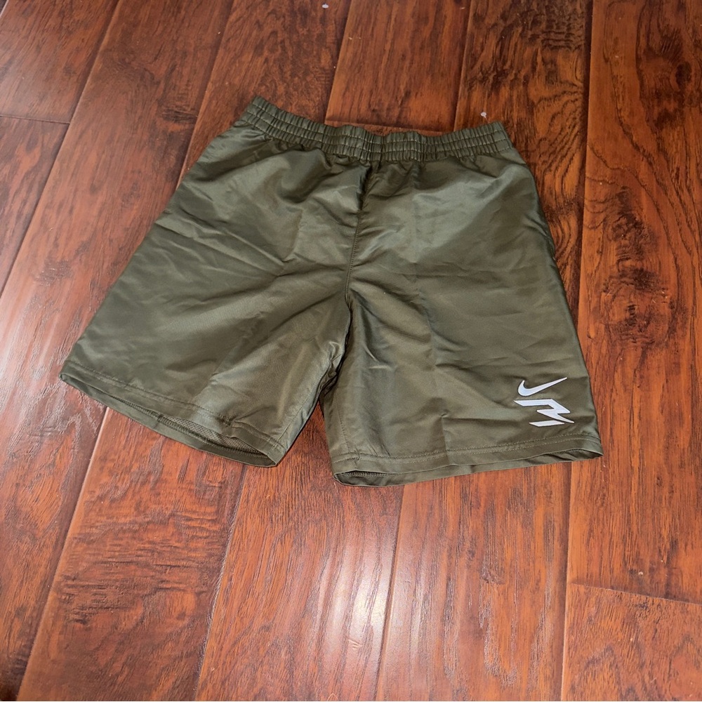 Nike Kids Olive Green Athletic Shorts with White Swoosh